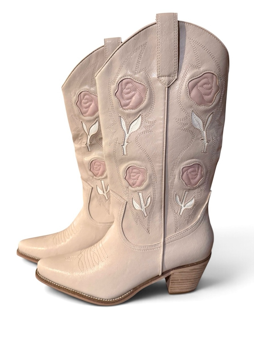 NEW MIIM Ivory Pink Rose Embroidered Western Cowboy Boots Size 8.5.